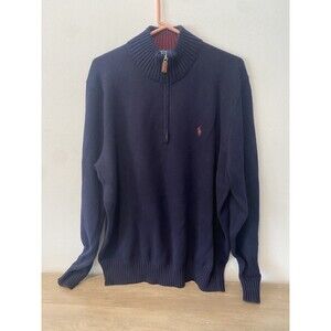 Polo Ralph Lauren 1/4 Zip Sweater Mens Sz L Navy Blue Cotton Tight Knit Sweater